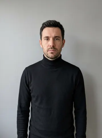 Photo of a man in a black turtleneck used for a Closed on Sunday AI video