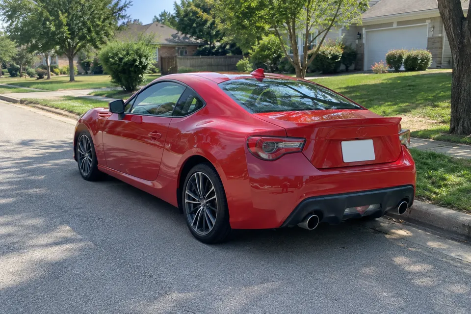 Photo of a red sports coupe used for a flying car AI video
