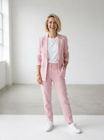 Full-body photo of a woman in a pink suit used for a Gangnam Style AI video