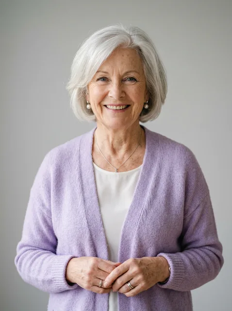Photo of a grandmother in a lilac cardigan used for a Hotel Lobby AI video