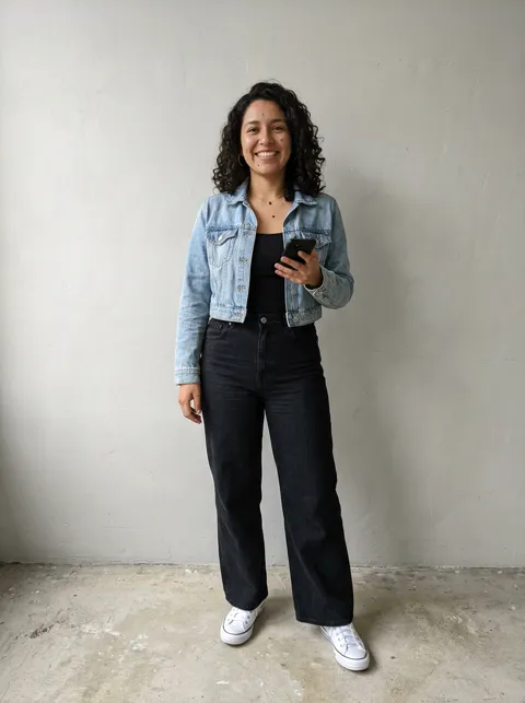 Photo of a woman in a denim jacket used for a NEON AI dance